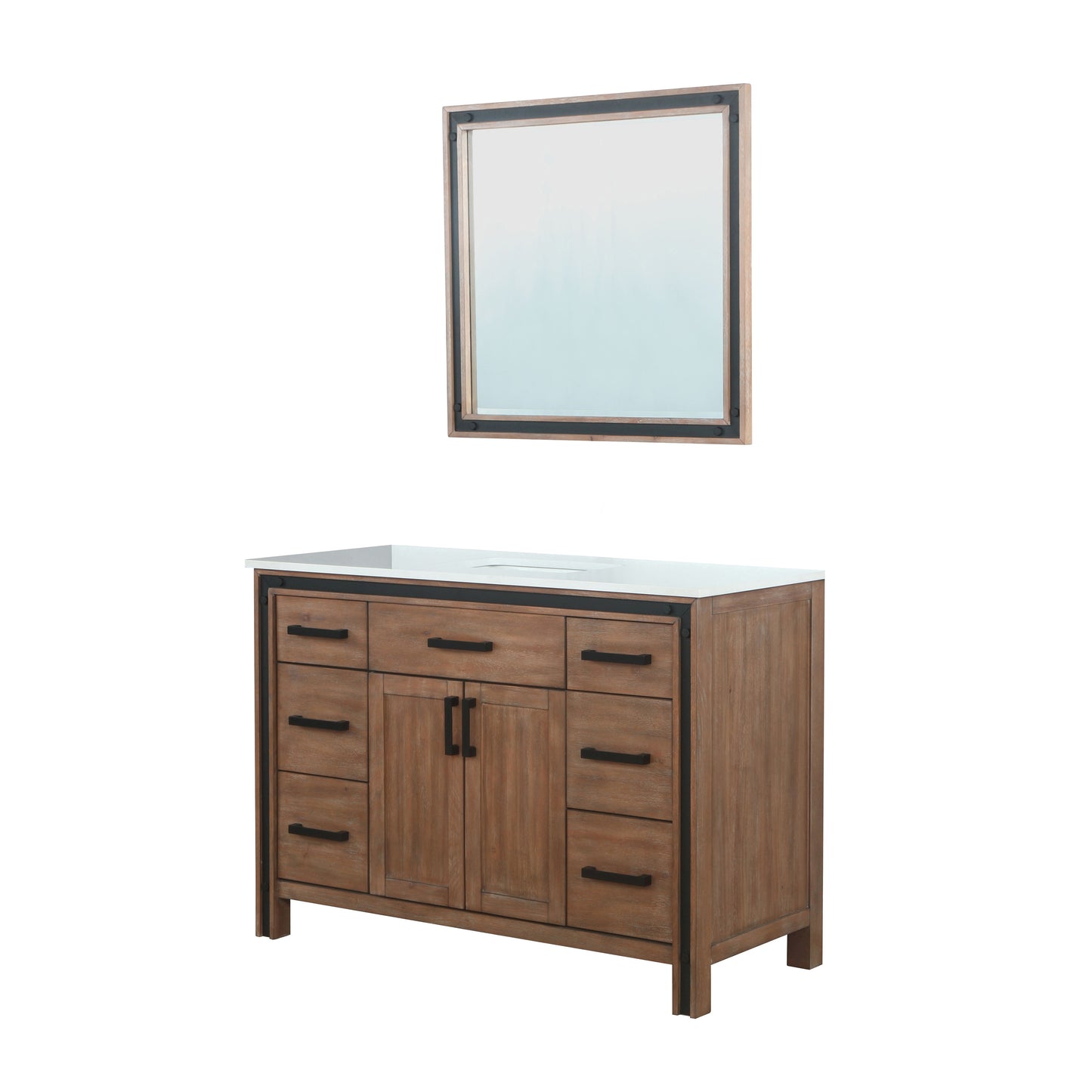 Ziva 48" Rustic Barnwood Single Vanity, Cultured Marble Top, White Square Sink and 34" Mirror