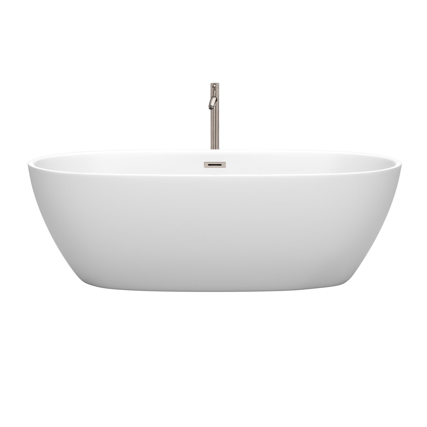 Juno 71 Inch Freestanding Bathtub in Matte White with Floor Mounted Faucet, Drain and Overflow Trim in Brushed Nickel
