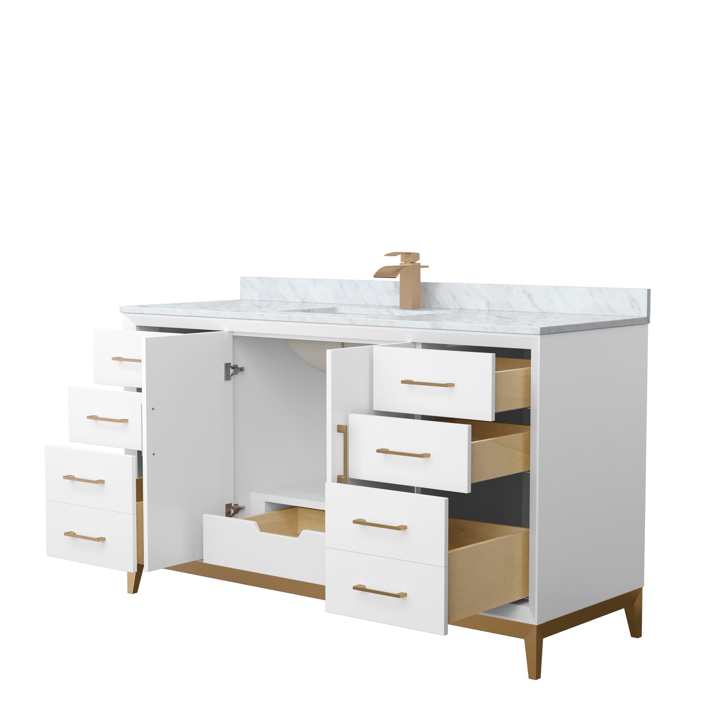 Amici 60 Inch Single Bathroom Vanity in White, White Carrara Marble Countertop, Undermount Square Sink, Satin Bronze Trim