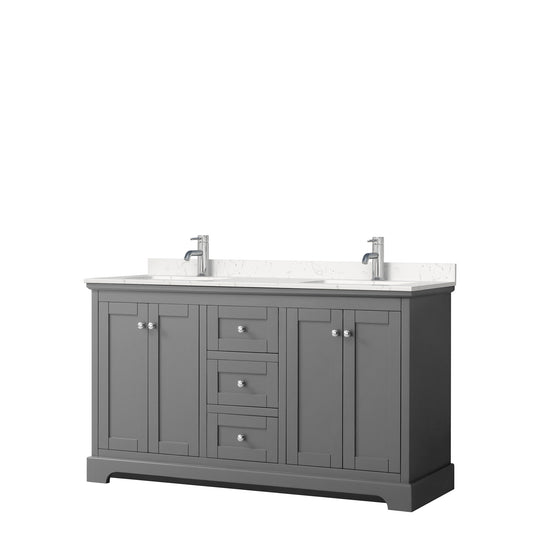 Avery 60 Inch Double Bathroom Vanity in Dark Gray, Carrara Cultured Marble Countertop, Undermount Square Sinks, No Mirror