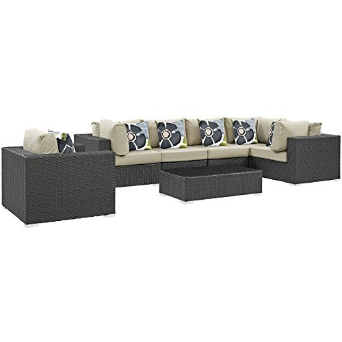 Modway Sojourn Casual Seating 10 Piece Outdoor Patio Rattan Sectional Set with Sunbrella Brand Tuscan Orange Canvas Cushions