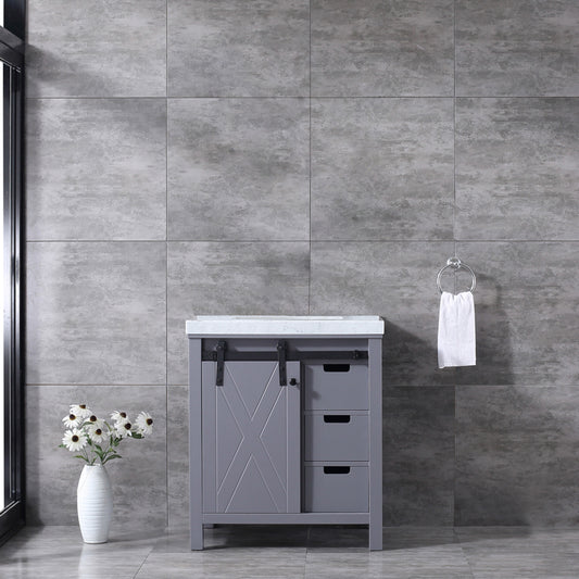 Marsyas 30" Dark Grey Single Vanity, White Carrara Marble Top, White Square Sink and no Mirror