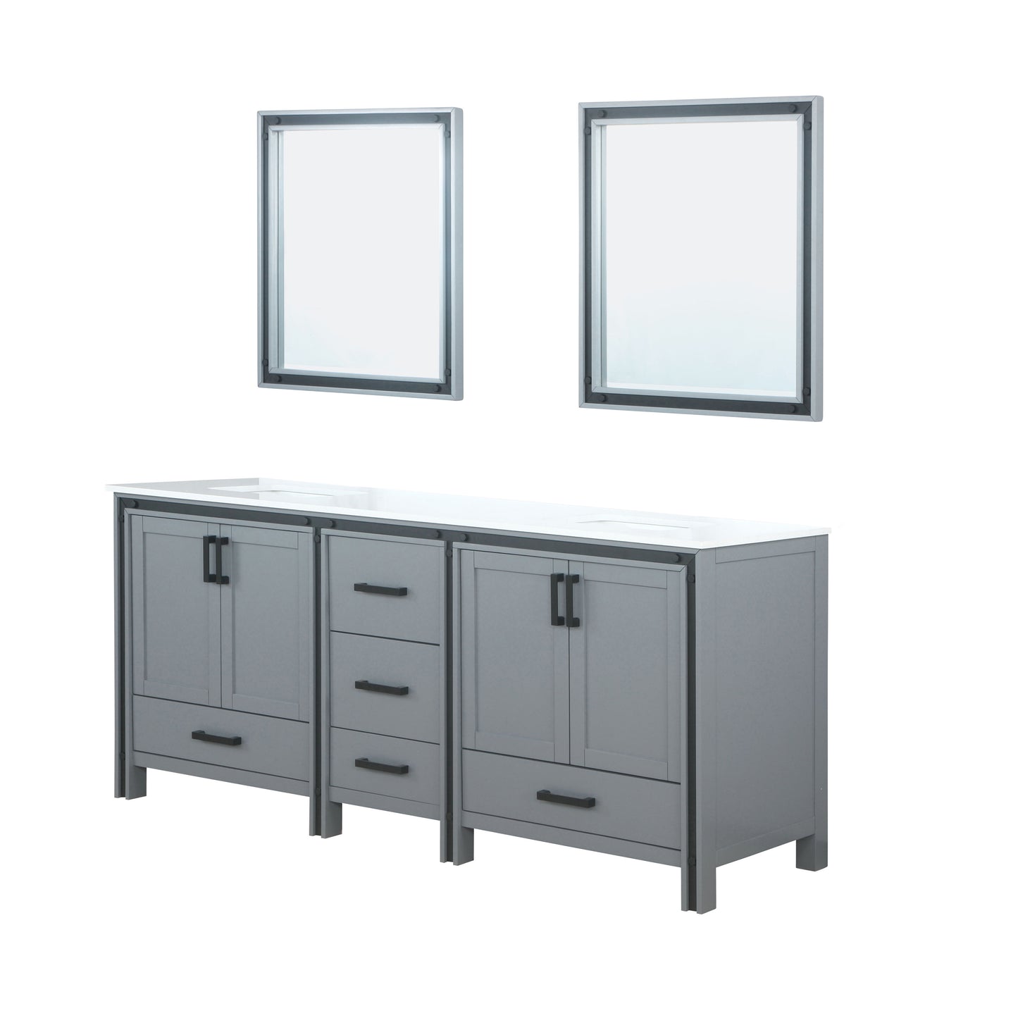 Ziva 80" Dark Grey Double Vanity, Cultured Marble Top, White Square Sink and 30" Mirrors