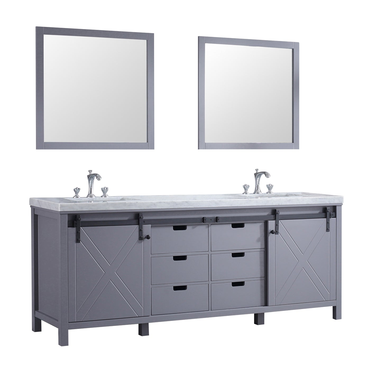 Marsyas 84" Dark Grey Double Vanity, White Carrara Marble Top, White Square Sinks and 34" Mirrors w/ Faucets