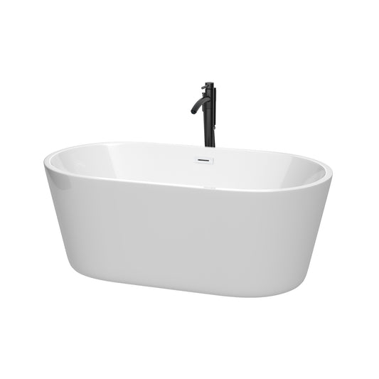 Carissa 60 Inch Freestanding Bathtub in White with Shiny White Trim and Floor Mounted Faucet in Matte Black
