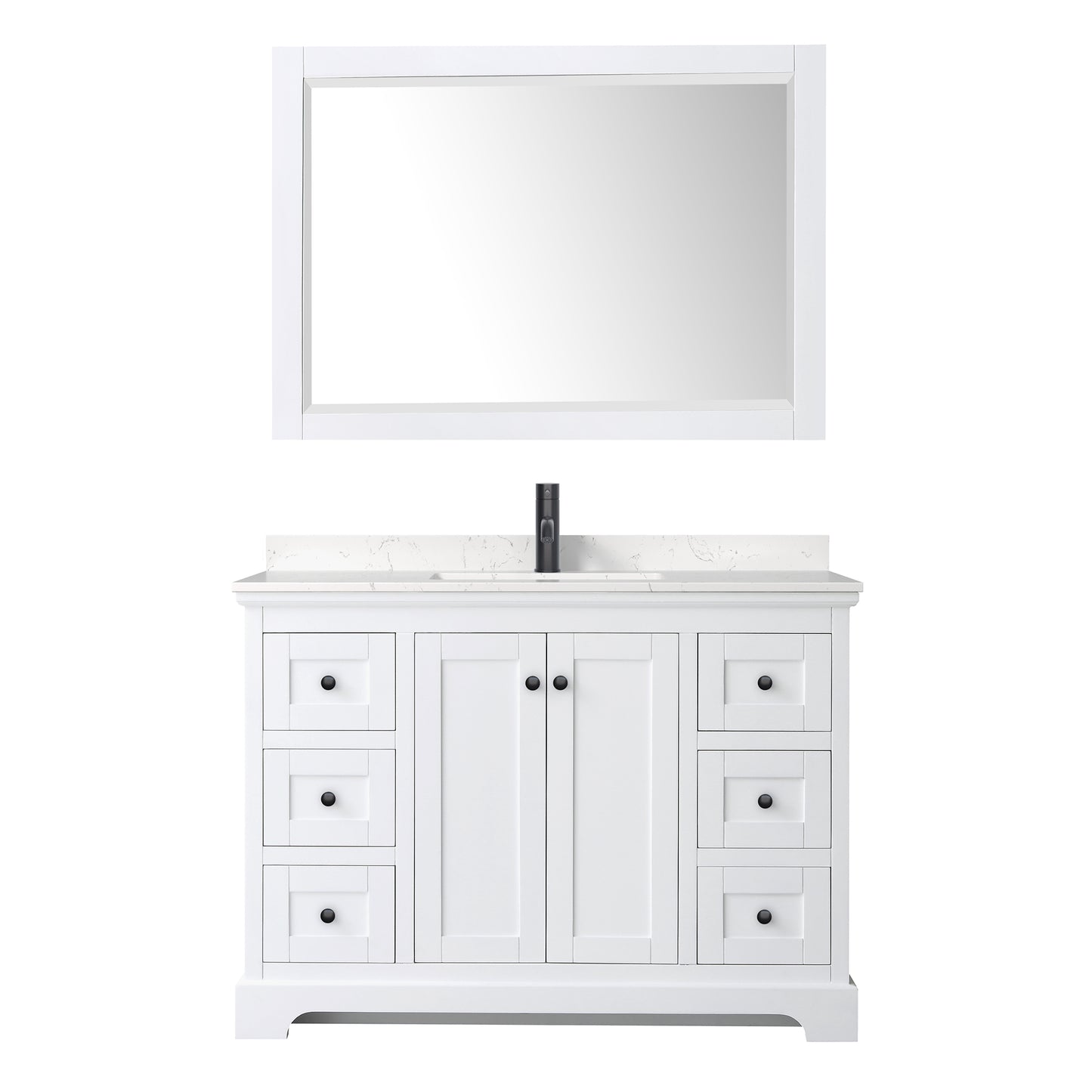 Avery 48 Inch Single Bathroom Vanity in White, Carrara Cultured Marble Countertop, Undermount Square Sink, Matte Black Trim, 46 Inch Mirror