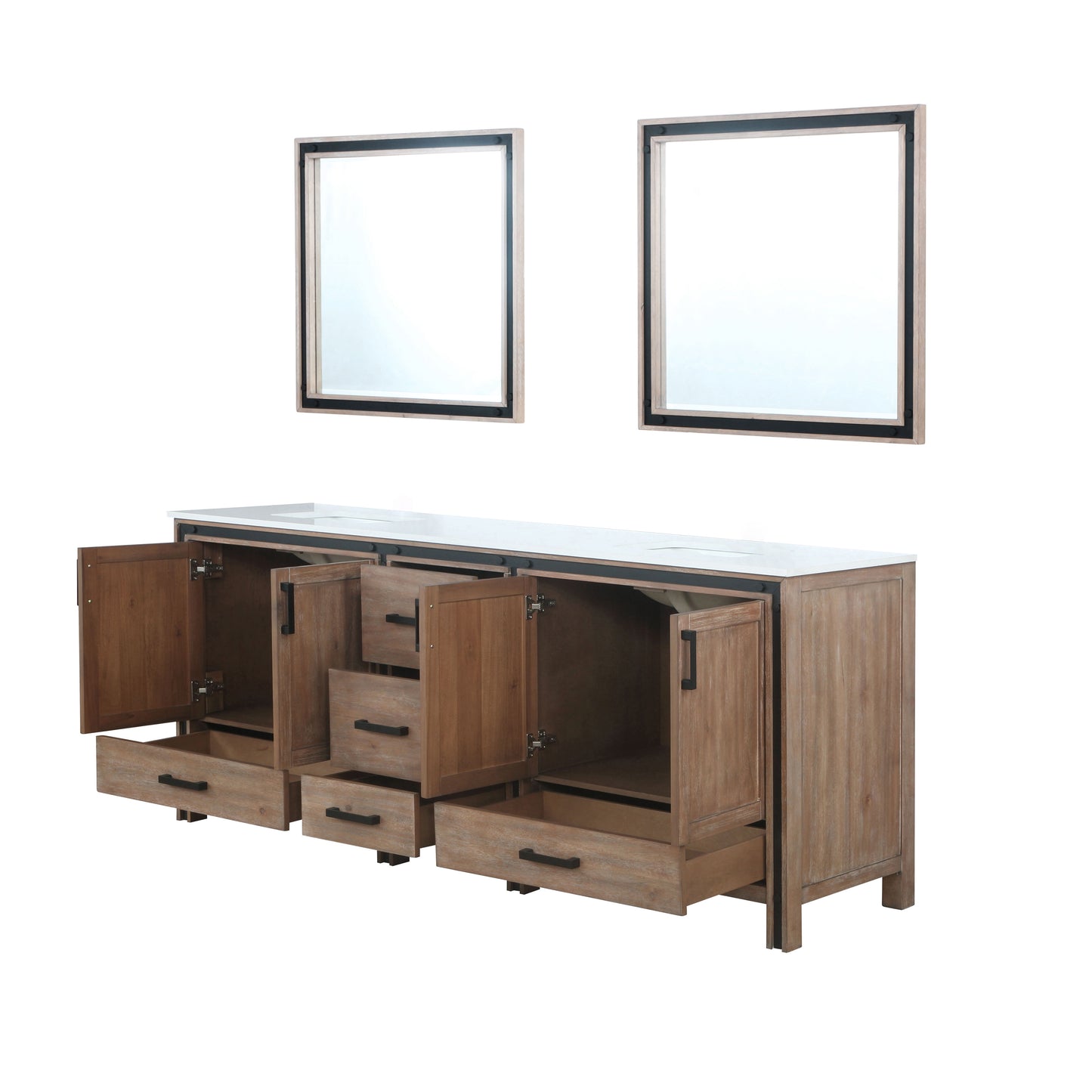 Ziva 84" Rustic Barnwood Double Vanity, Cultured Marble Top, White Square Sink and 34" Mirrors