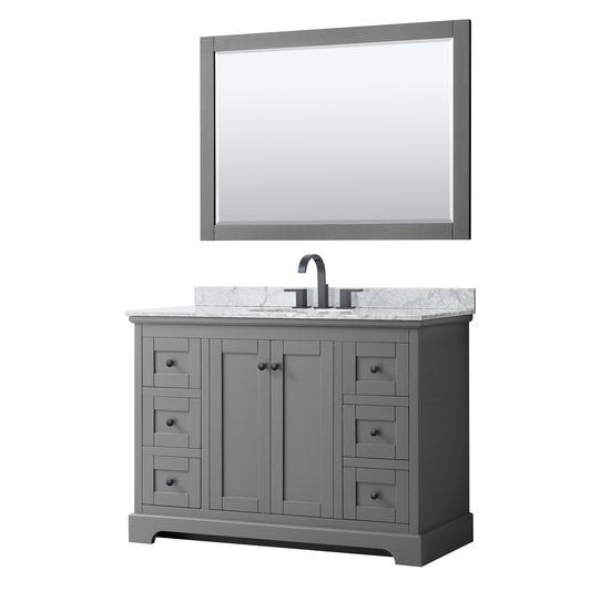 Avery 48 Inch Single Bathroom Vanity in Dark Gray, White Carrara Marble Countertop, Undermount Oval Sink, Matte Black Trim, 46 Inch Mirror