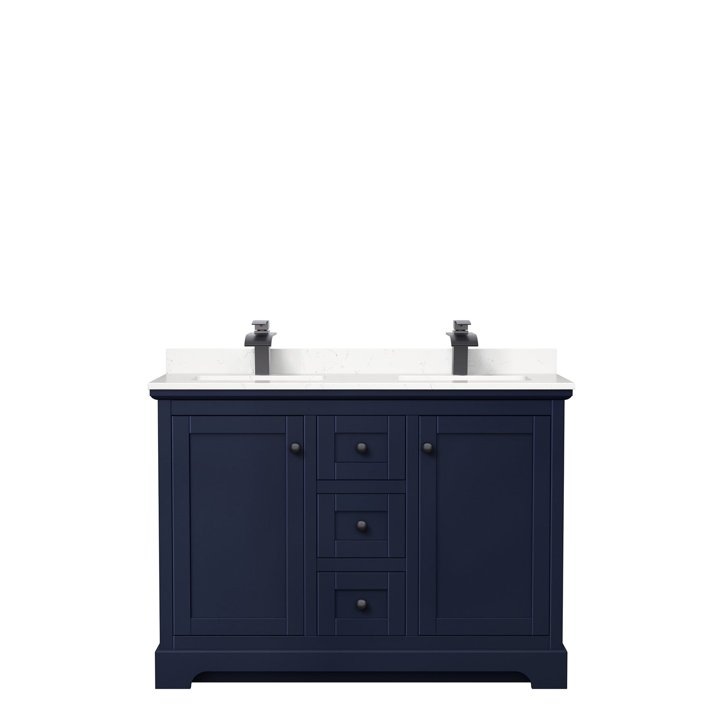 Avery 48 Inch Double Bathroom Vanity in Dark Blue, Carrara Cultured Marble Countertop, Undermount Square Sinks, Matte Black Trim