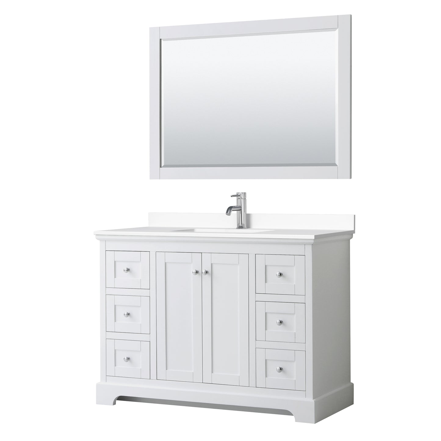 Avery 48 Inch Single Bathroom Vanity in White, White Cultured Marble Countertop, Undermount Square Sink, 46 Inch Mirror