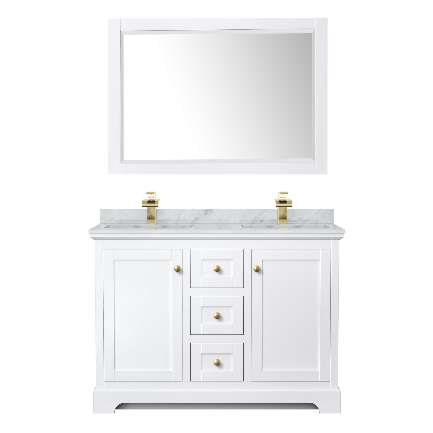 Avery 48 Inch Double Bathroom Vanity in White, White Carrara Marble Countertop, Undermount Square Sinks, 46 Inch Mirror, Brushed Gold Trim