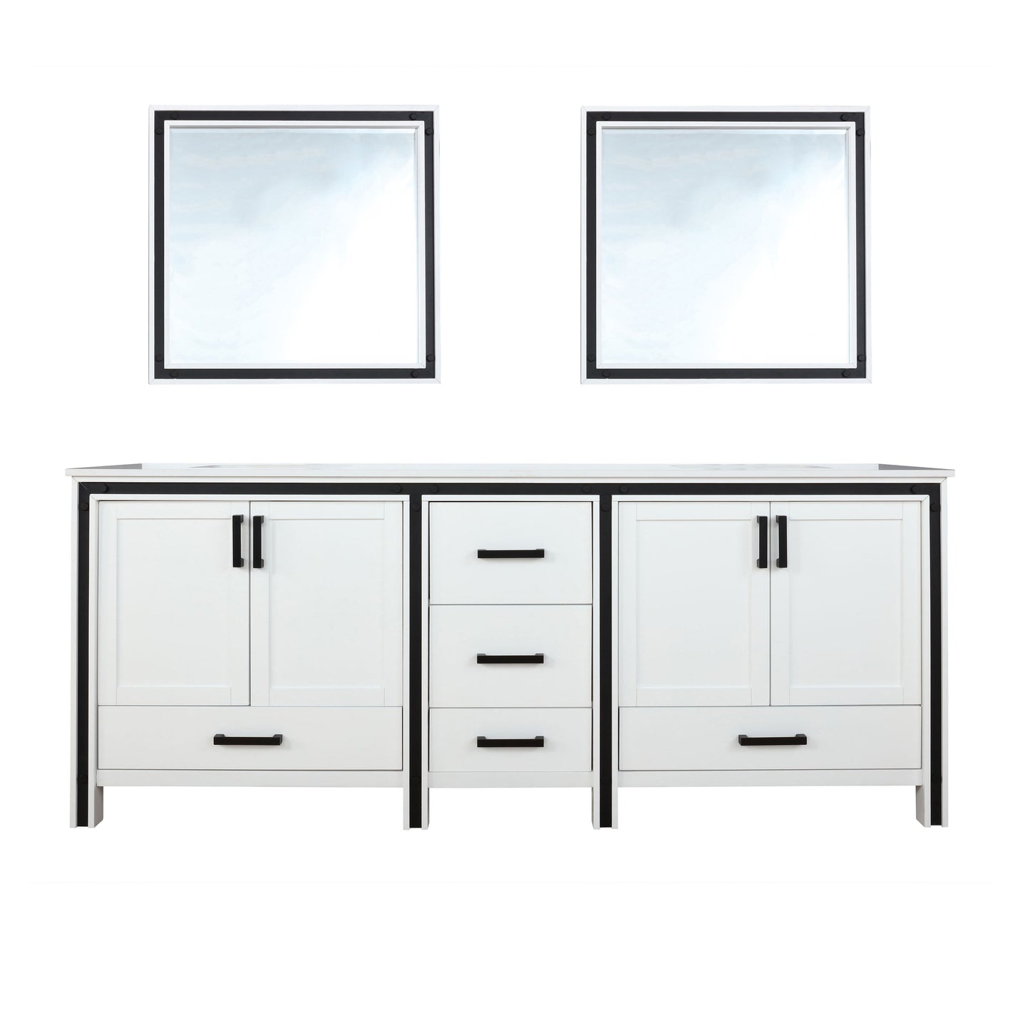 Ziva 84" White Double Vanity, Cultured Marble Top, White Square Sink and 34" Mirrors