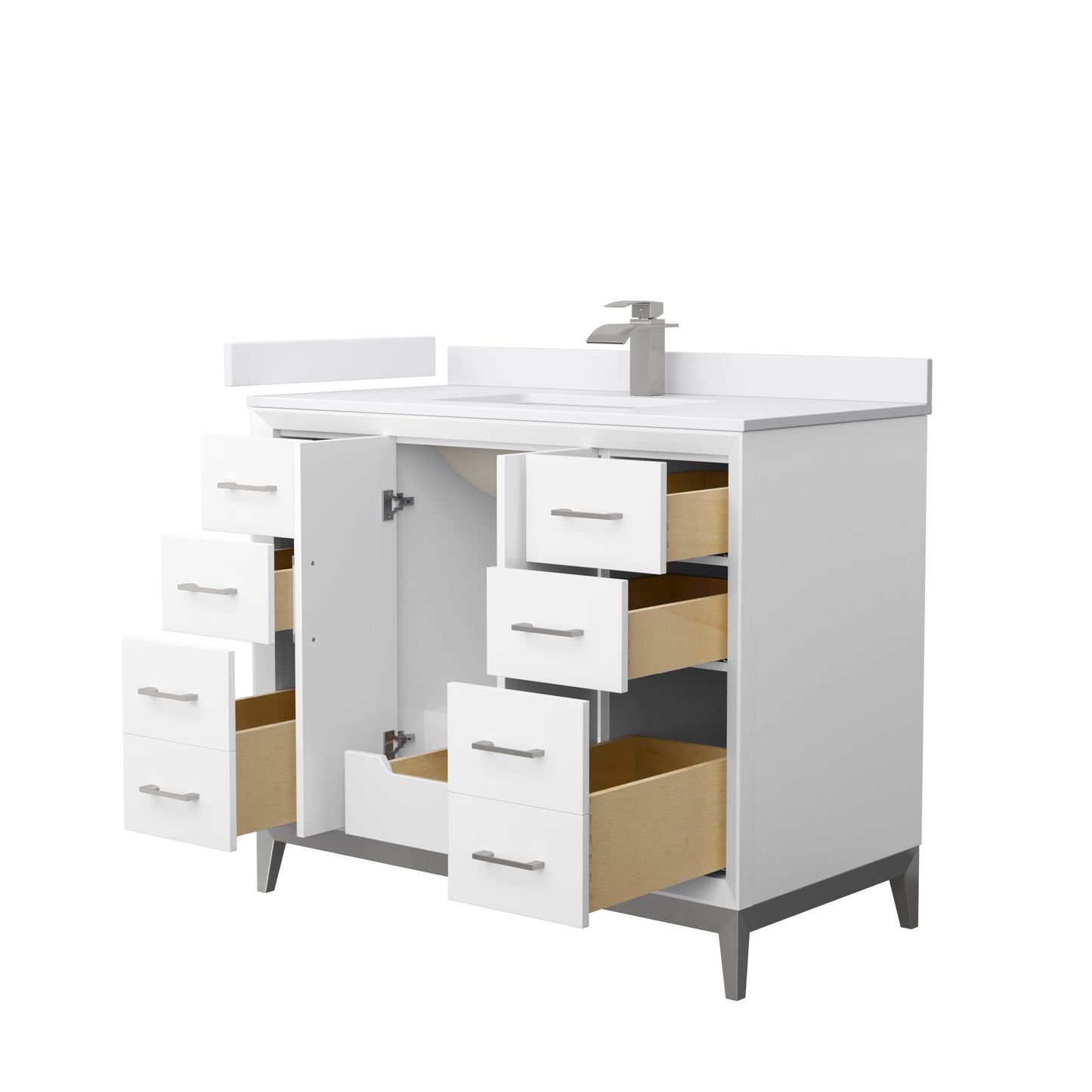 Amici 42 Inch Single Bathroom Vanity in White, White Cultured Marble Countertop, Undermount Square Sink, Brushed Nickel Trim