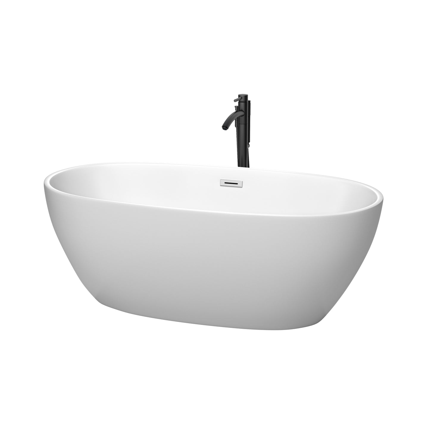 Juno 63 Inch Freestanding Bathtub in Matte White with Polished Chrome Trim and Floor Mounted Faucet in Matte Black