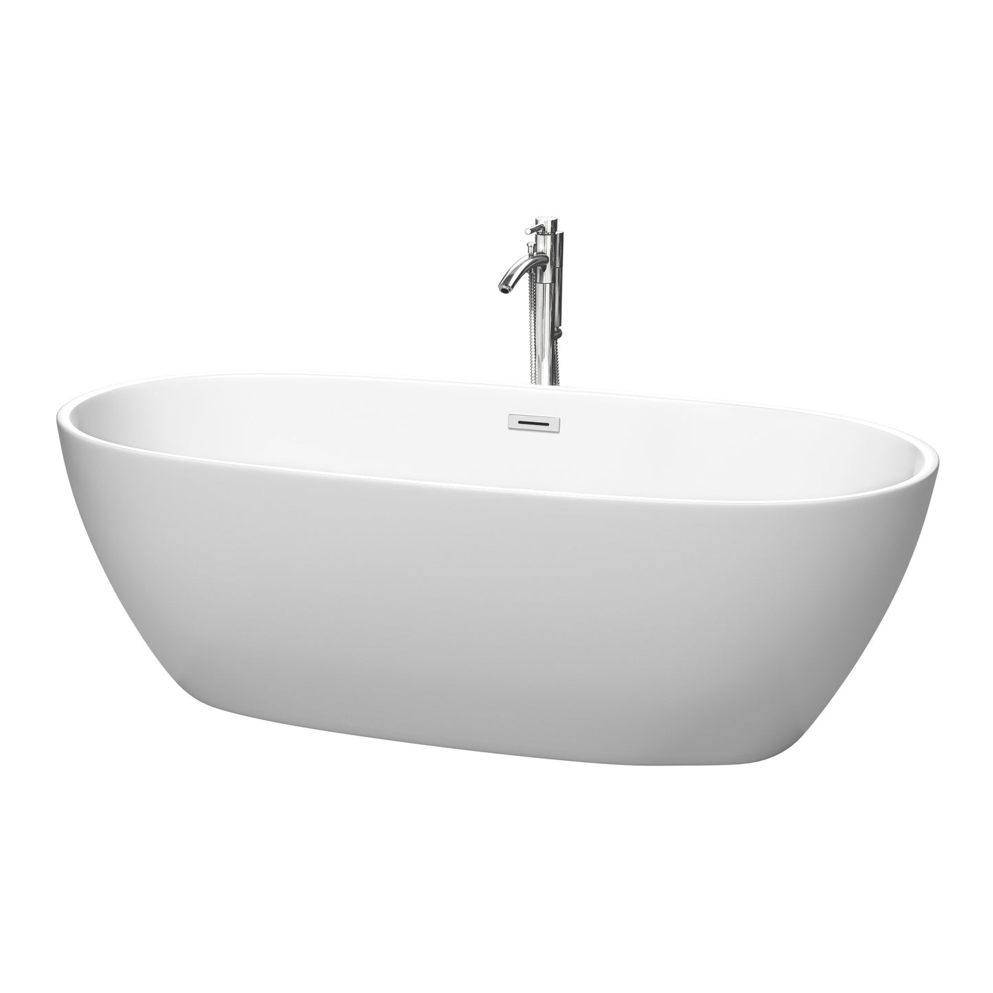 Juno 71 Inch Freestanding Bathtub in Matte White with Floor Mounted Faucet, Drain and Overflow Trim in Polished Chrome