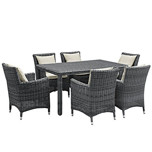 Modway EEI-2334-GRY-RED-SET Summon 7 Piece Outdoor Patio Sunbrella Dining Set in Canvas