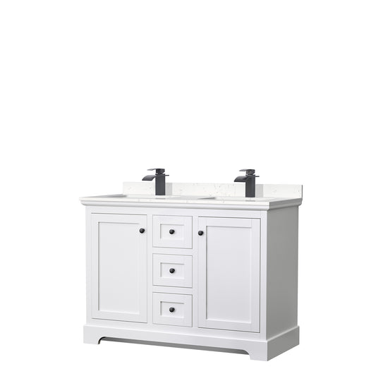 Avery 48 Inch Double Bathroom Vanity in White, Carrara Cultured Marble Countertop, Undermount Square Sinks, Matte Black Trim
