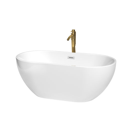 Brooklyn 60 Inch Freestanding Bathtub in White with Polished Chrome Trim and Floor Mounted Faucet in Brushed Gold
