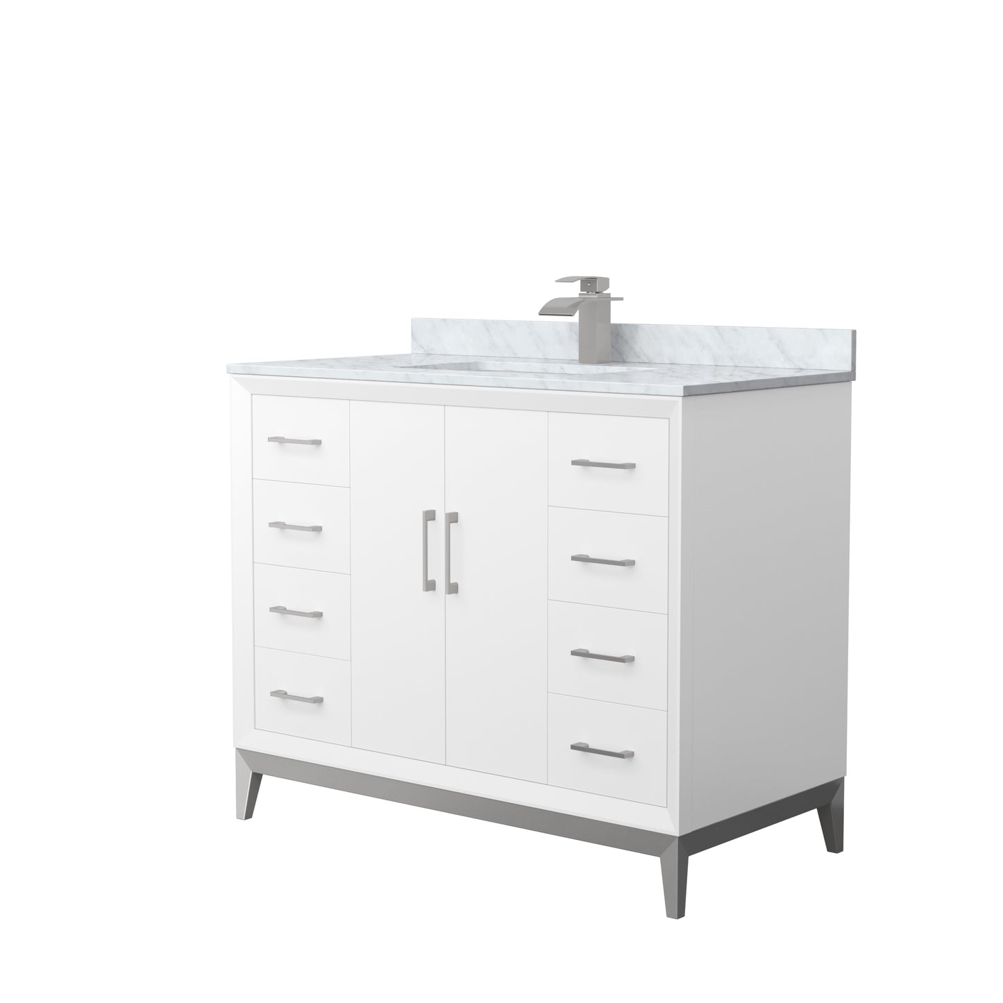 Amici 42 Inch Single Bathroom Vanity in White, White Carrara Marble Countertop, Undermount Square Sink, Brushed Nickel Trim