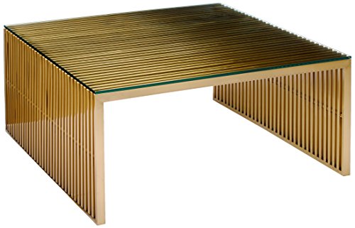 Modway Gridiron Gold Contemporary Modern Stainless Steel Coffee Table With Tempered Glass Top