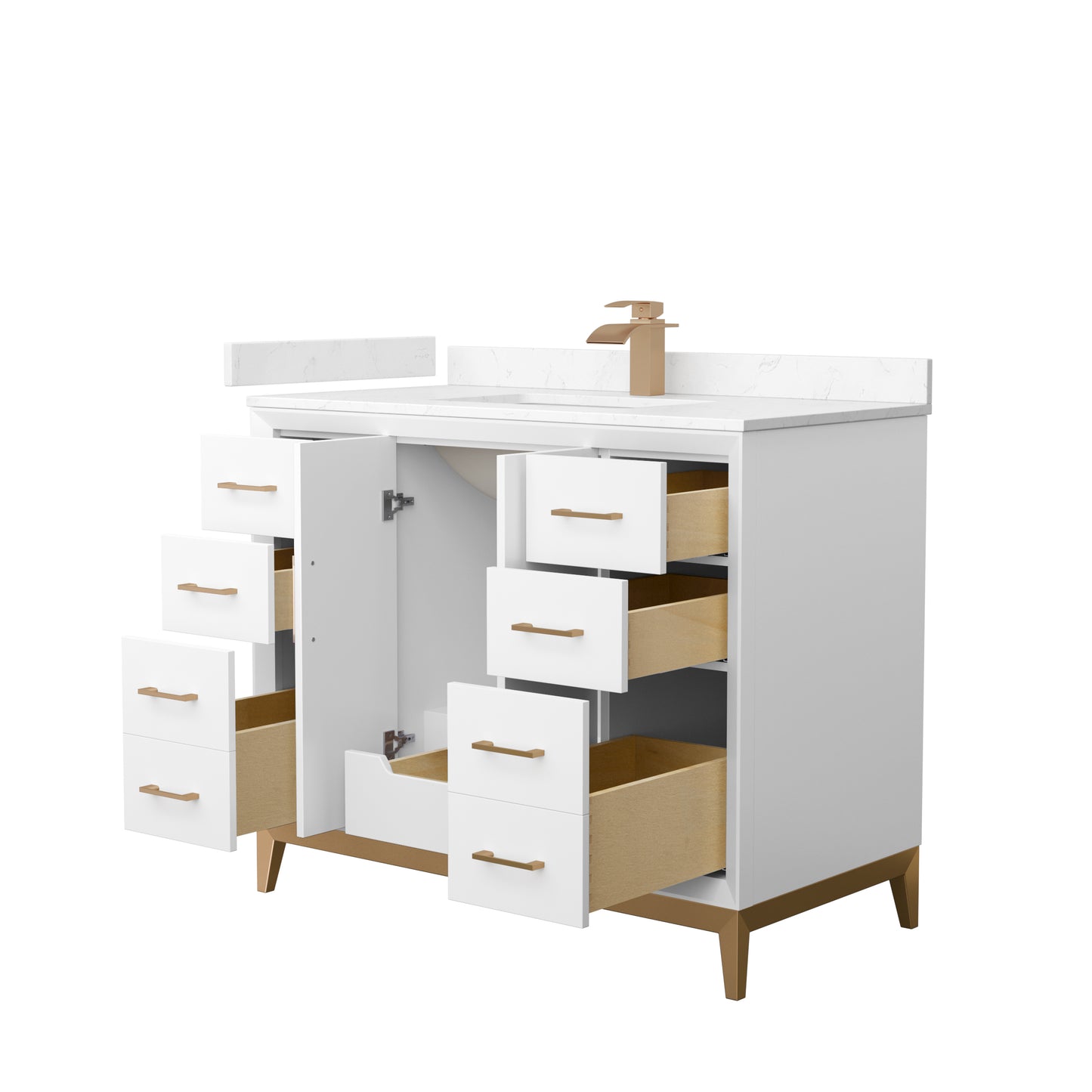 Amici 42 Inch Single Bathroom Vanity in White, Carrara Cultured Marble Countertop, Undermount Square Sink, Satin Bronze Trim