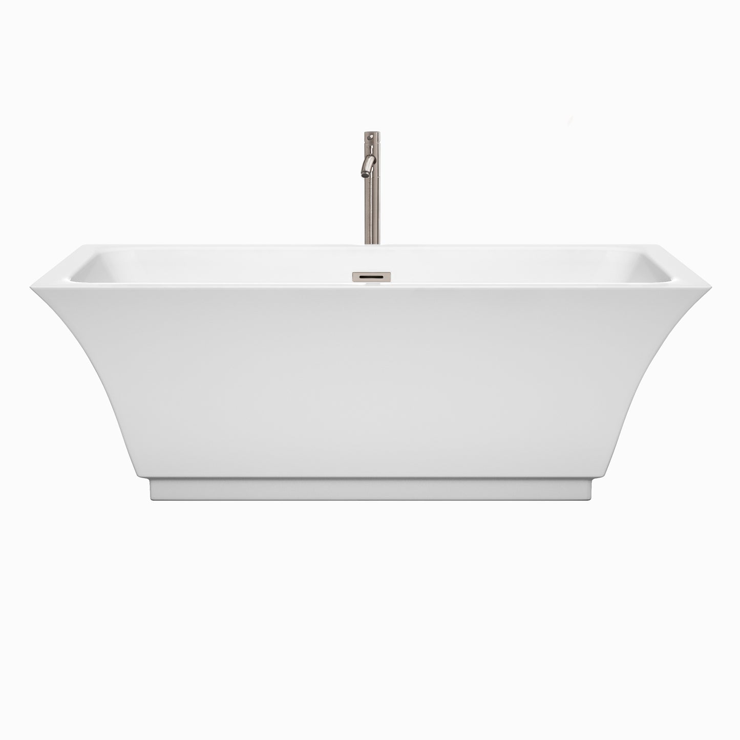 Galina 67 Inch Freestanding Bathtub in White with Floor Mounted Faucet, Drain and Overflow Trim in Brushed Nickel