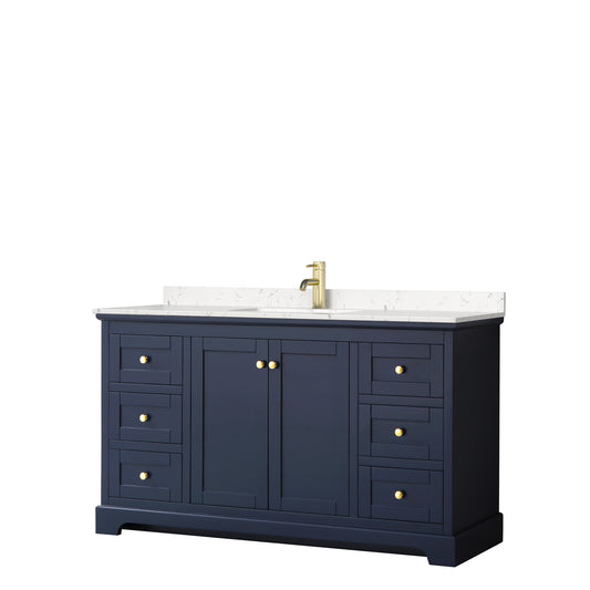 Avery 60 Inch Single Bathroom Vanity in Dark Blue, Carrara Cultured Marble Countertop, Undermount Square Sink, No Mirror