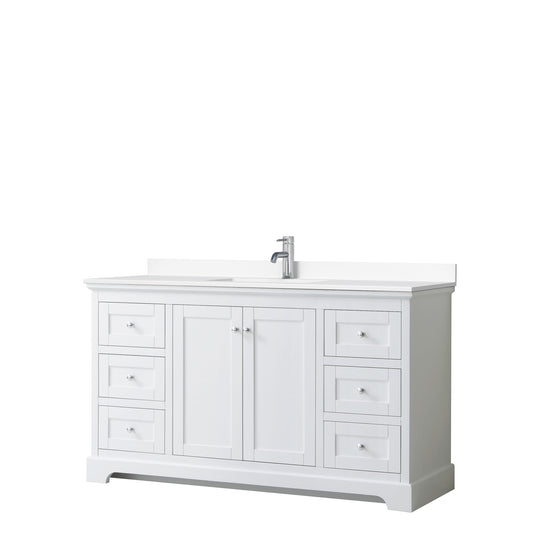 Avery 60 Inch Single Bathroom Vanity in White, White Cultured Marble Countertop, Undermount Square Sink, No Mirror