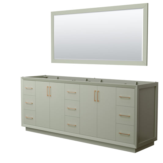 Strada 84 Inch Double Bathroom Vanity in Light Green, No Countertop, No Sink, Satin Bronze Trim, 70 Inch Mirror