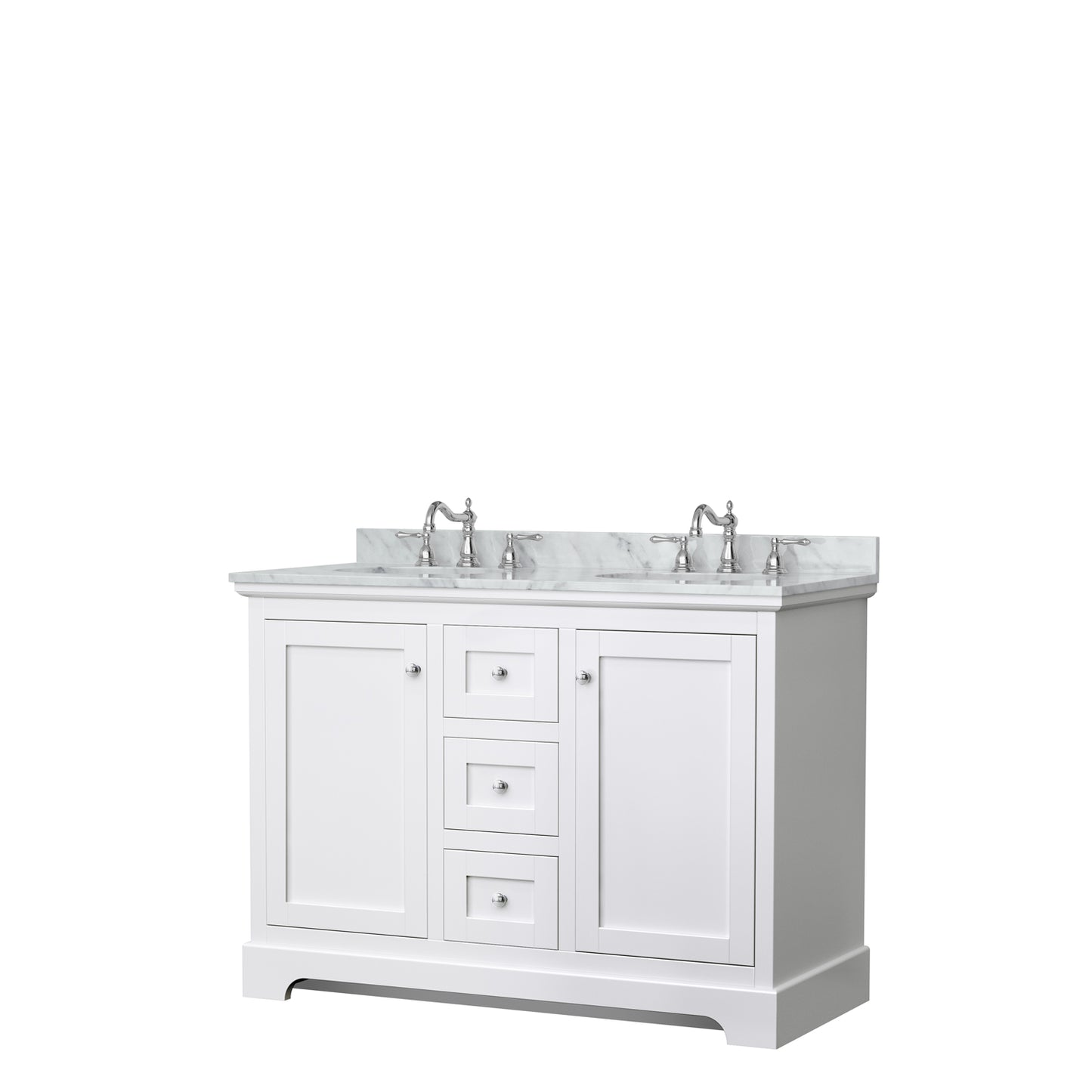 Avery 48 Inch Double Bathroom Vanity in White, White Carrara Marble Countertop, Undermount Oval Sinks, No Mirror