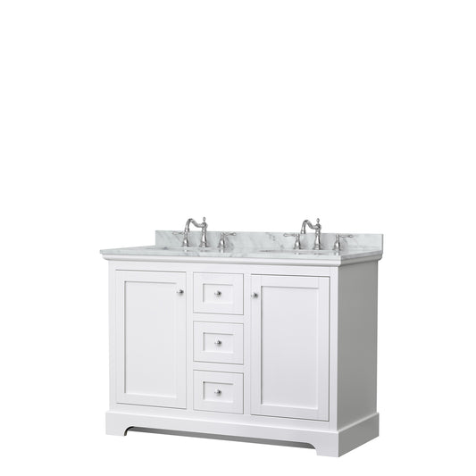 Avery 48 Inch Double Bathroom Vanity in White, White Carrara Marble Countertop, Undermount Oval Sinks, No Mirror
