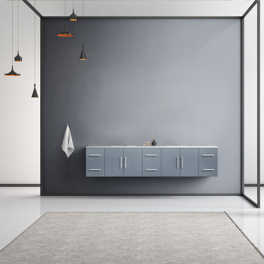 Geneva 84" Dark Grey Double Vanity, White Carrara Marble Top, White Square Sinks and no Mirror