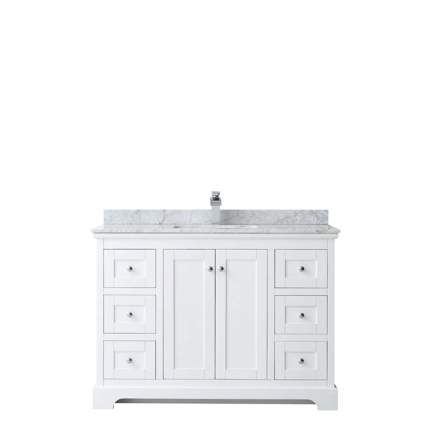 Avery 48 Inch Single Bathroom Vanity in White, White Carrara Marble Countertop, Undermount Square Sink, and No Mirror