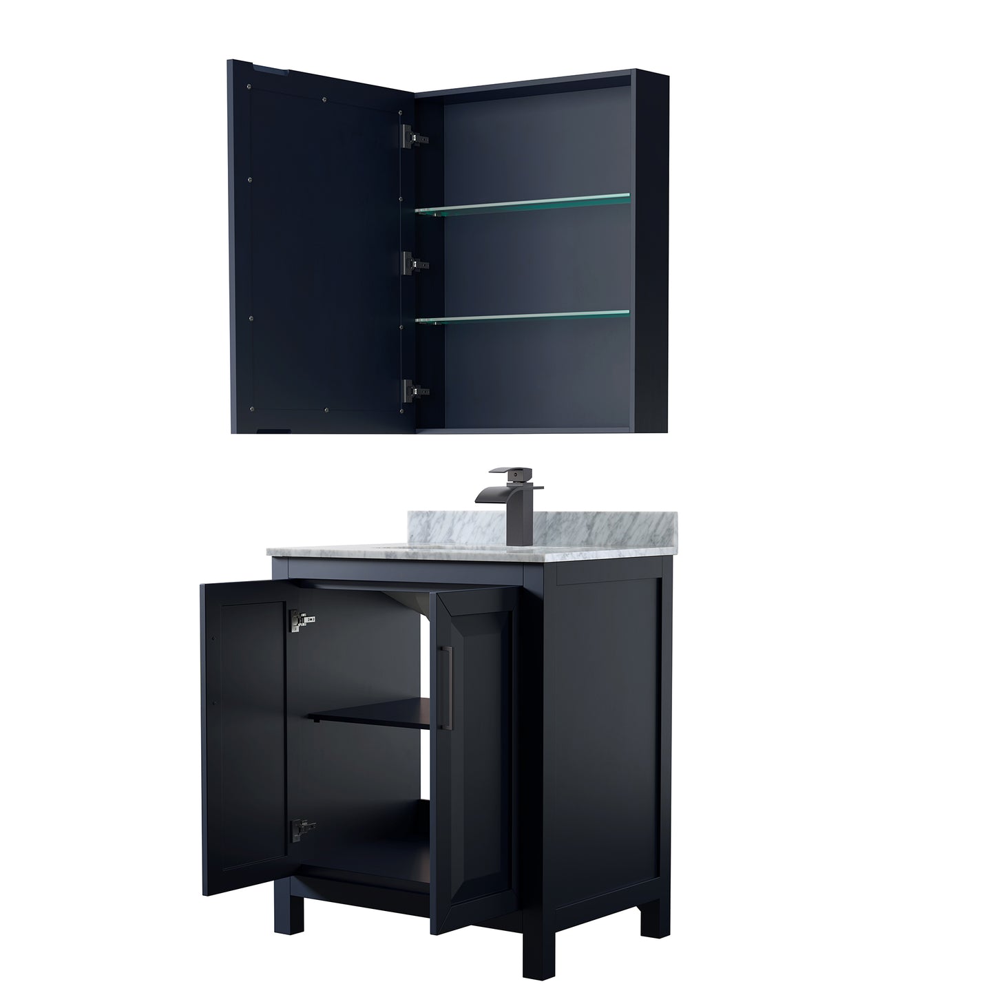 Daria 30 Inch Single Bathroom Vanity in Dark Blue, White Carrara Marble Countertop, Undermount Square Sink, Matte Black Trim, Medicine Cabinet