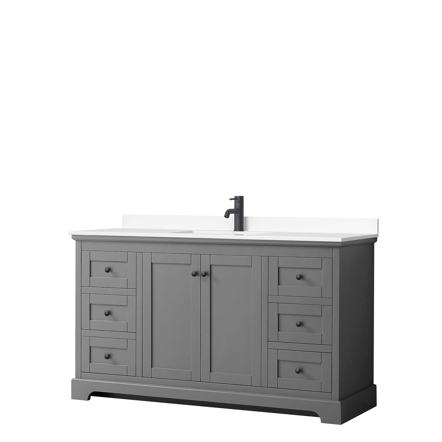 Avery 60 Inch Single Bathroom Vanity in Dark Gray, White Cultured Marble Countertop, Undermount Square Sink, Matte Black Trim