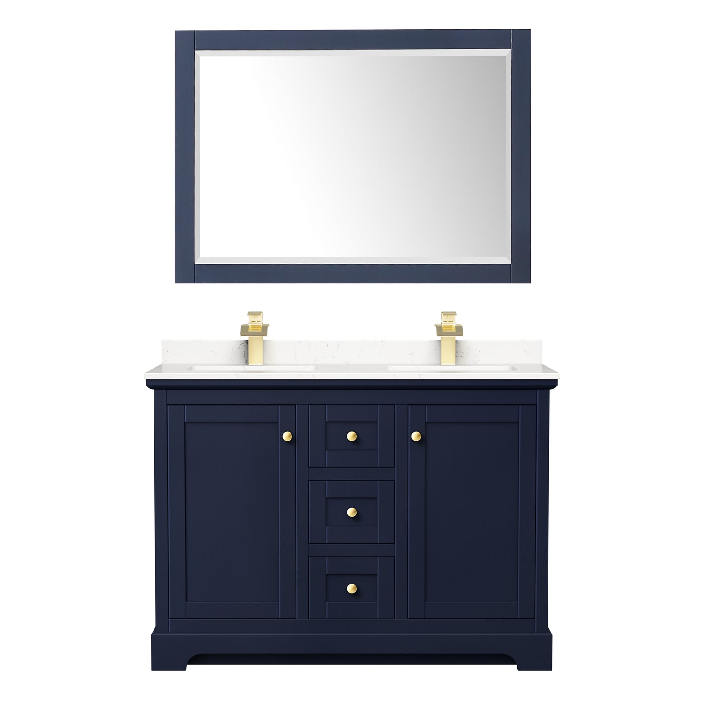 Avery 48 Inch Double Bathroom Vanity in Dark Blue, Carrara Cultured Marble Countertop, Undermount Square Sinks, 46 Inch Mirror