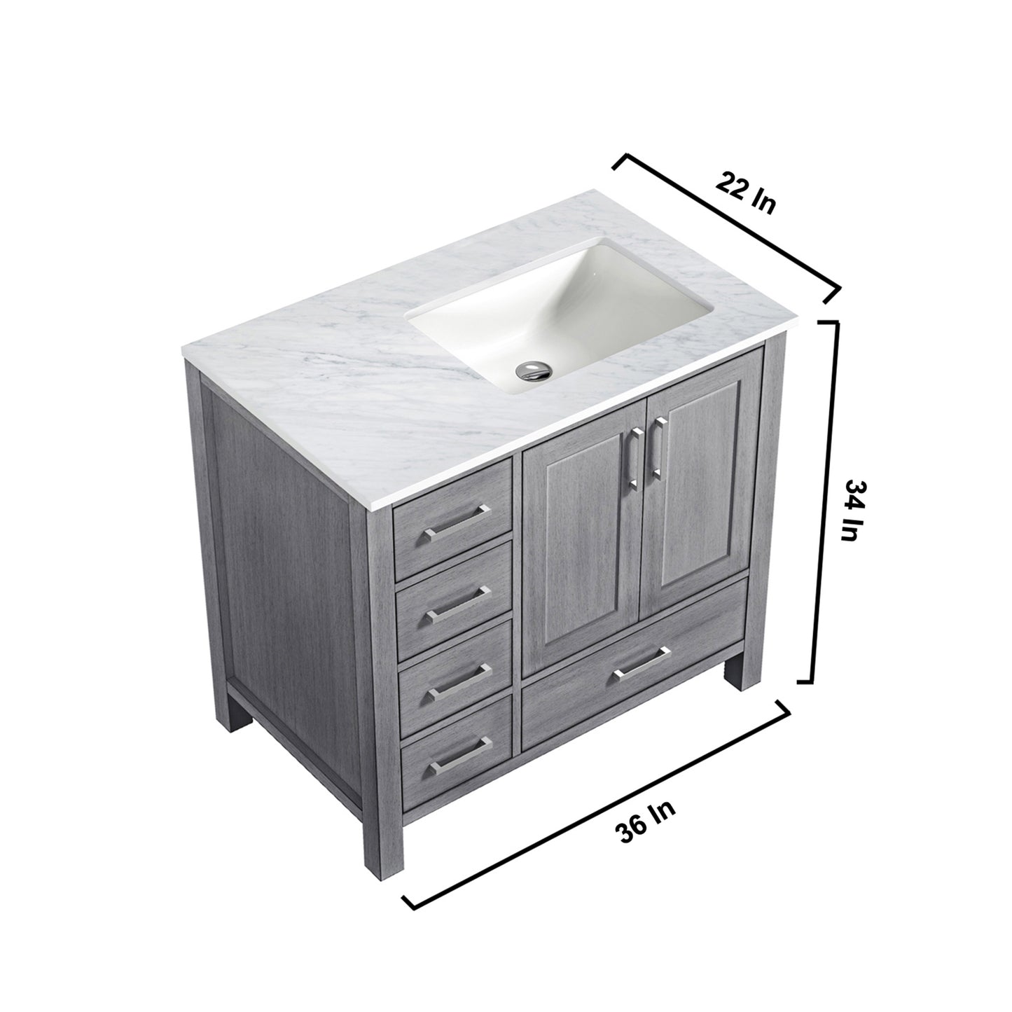 Jacques 36" Distressed Grey Single Vanity, White Carrara Marble Top, White Square Sink and 34" Mirror - Right Version