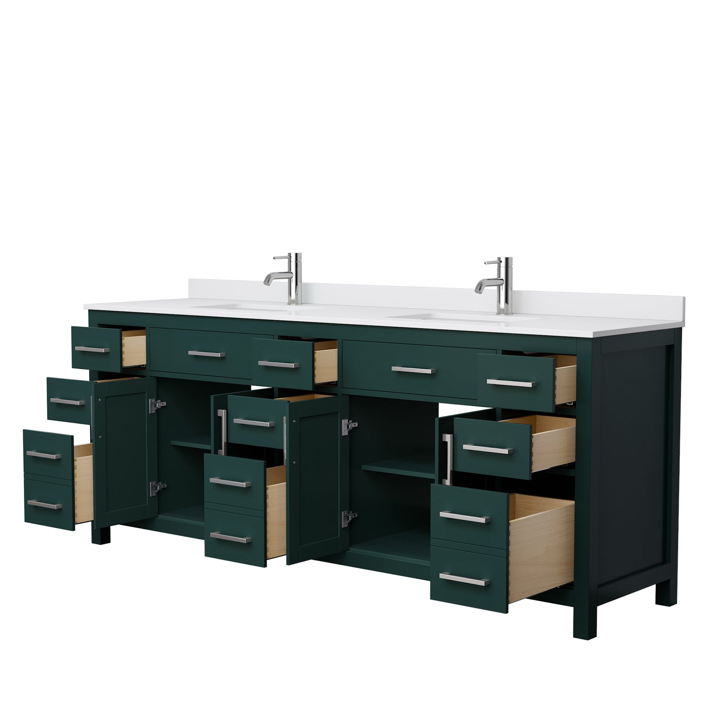 Beckett 84 Inch Double Bathroom Vanity in Green, White Cultured Marble Countertop, Undermount Square Sinks, Brushed Nickel Trim