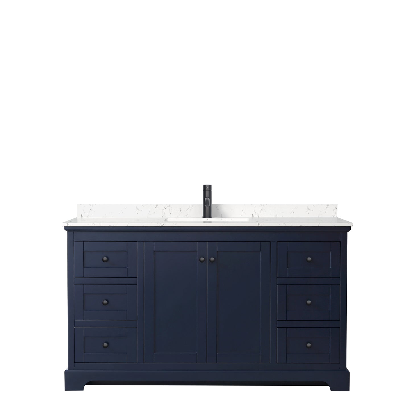 Avery 60 Inch Single Bathroom Vanity in Dark Blue, Carrara Cultured Marble Countertop, Undermount Square Sink, Matte Black Trim