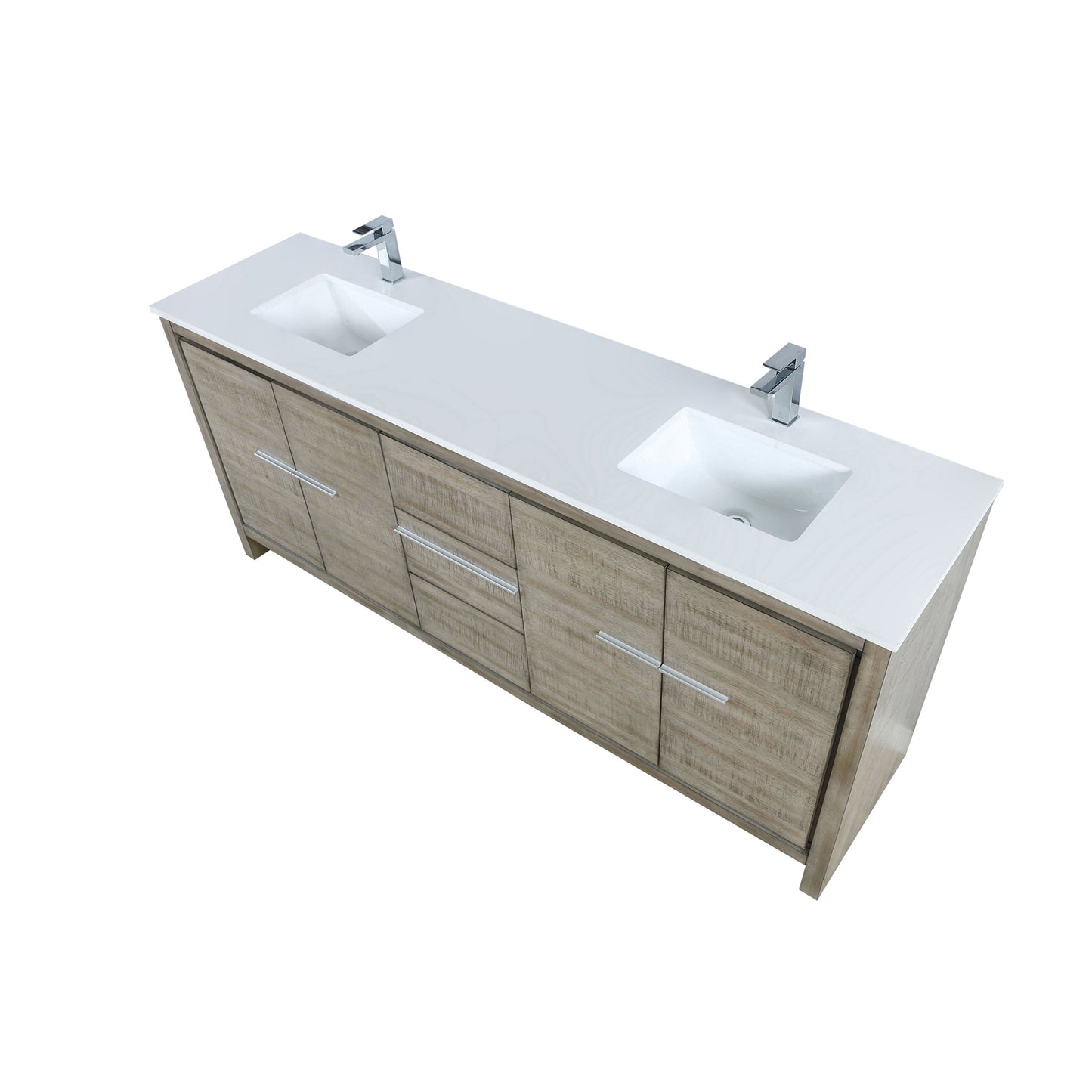 Lafarre 80" Rustic Acacia Double Bathroom Vanity, White Quartz Top, White Square Sinks, and Balzani Gun Metal Faucet Set