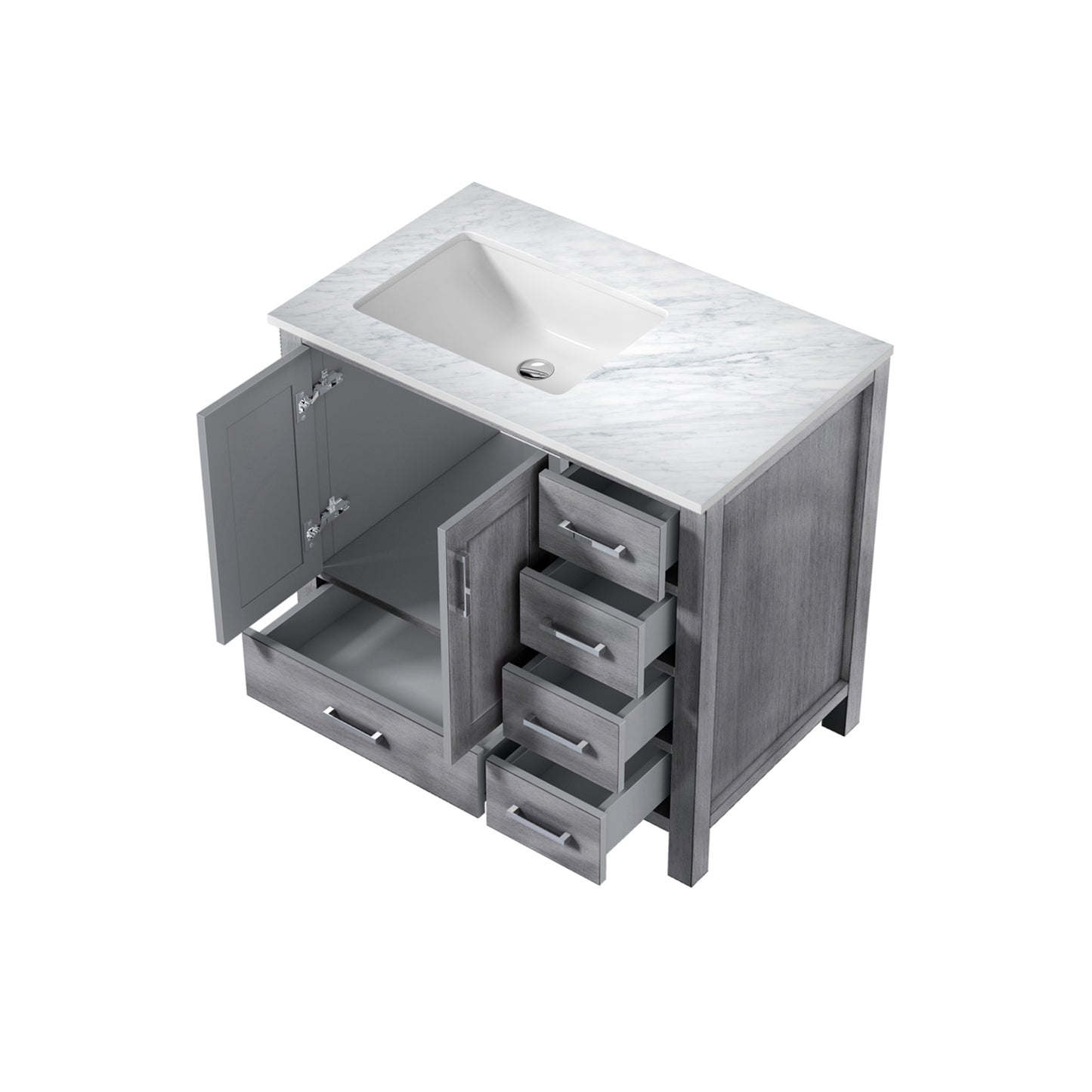 Jacques 36" Distressed Grey Single Vanity, White Carrara Marble Top, White Square Sink and no Mirror - Left Version