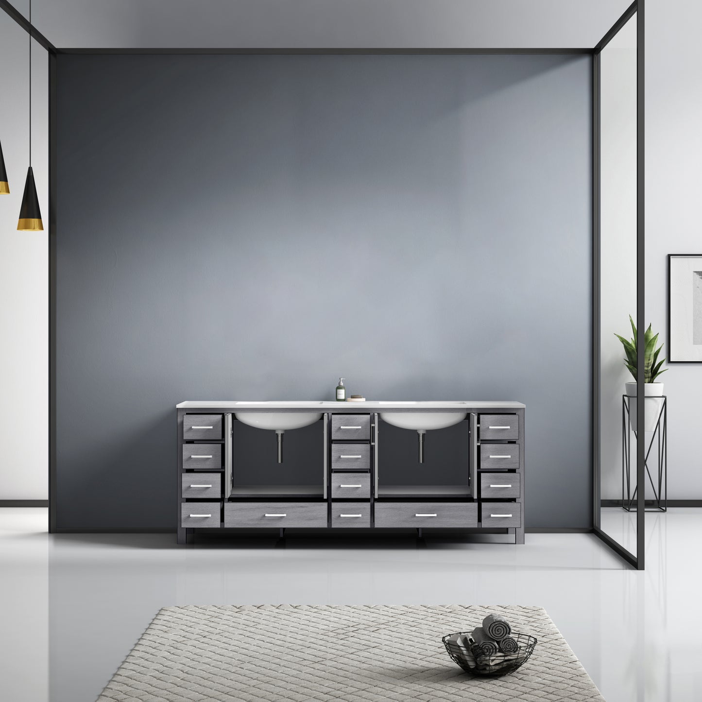 Jacques 84" Distressed Grey Double Vanity, White Carrara Marble Top, White Square Sinks and no Mirror