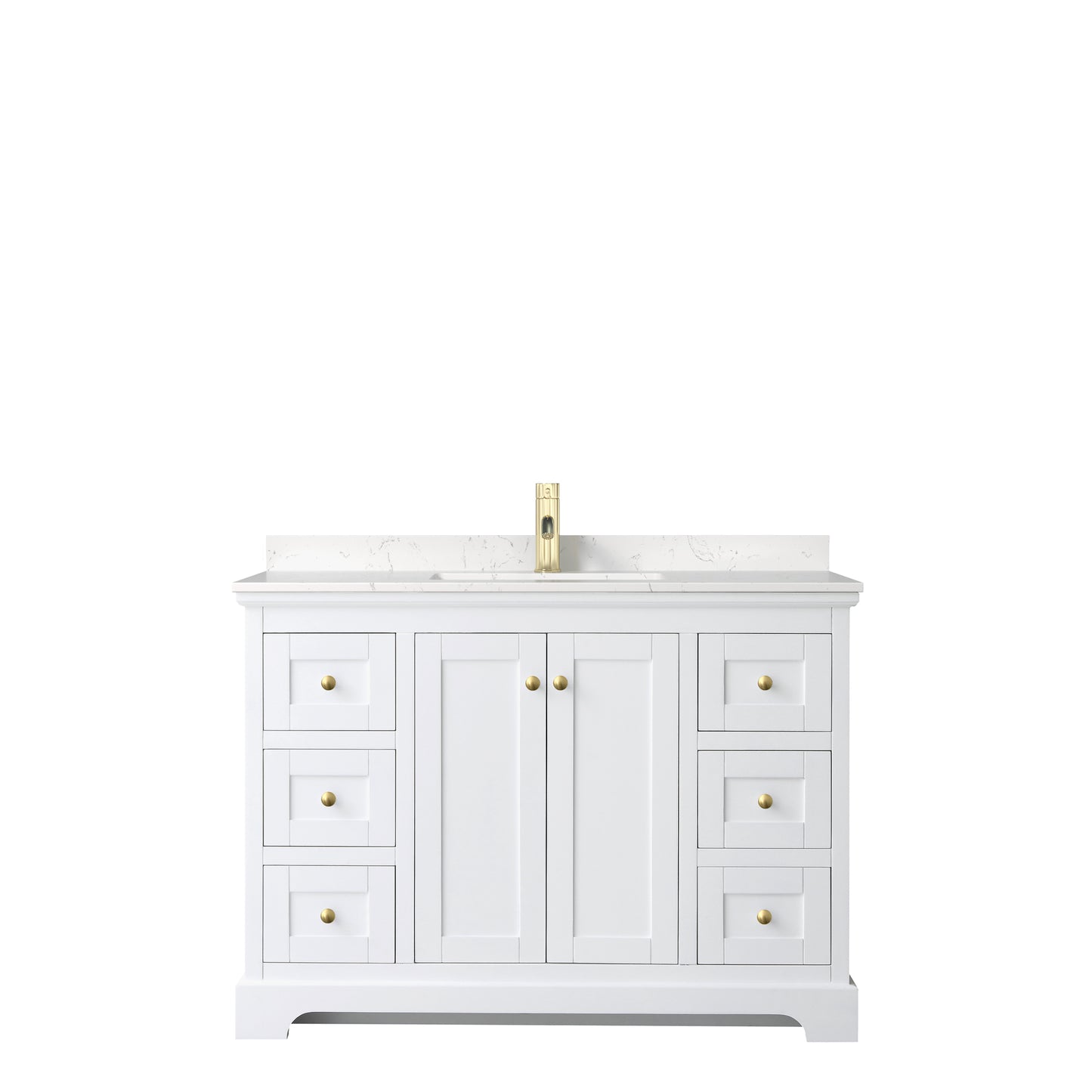 Avery 48 Inch Single Bathroom Vanity in White, Carrara Cultured Marble Countertop, Undermount Square Sink, Brushed Gold Trim