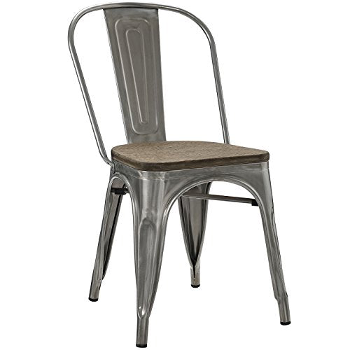 Modway Promenade Industrial Modern Steel Dining Side Chair with Bamboo Seat in Gunmetal