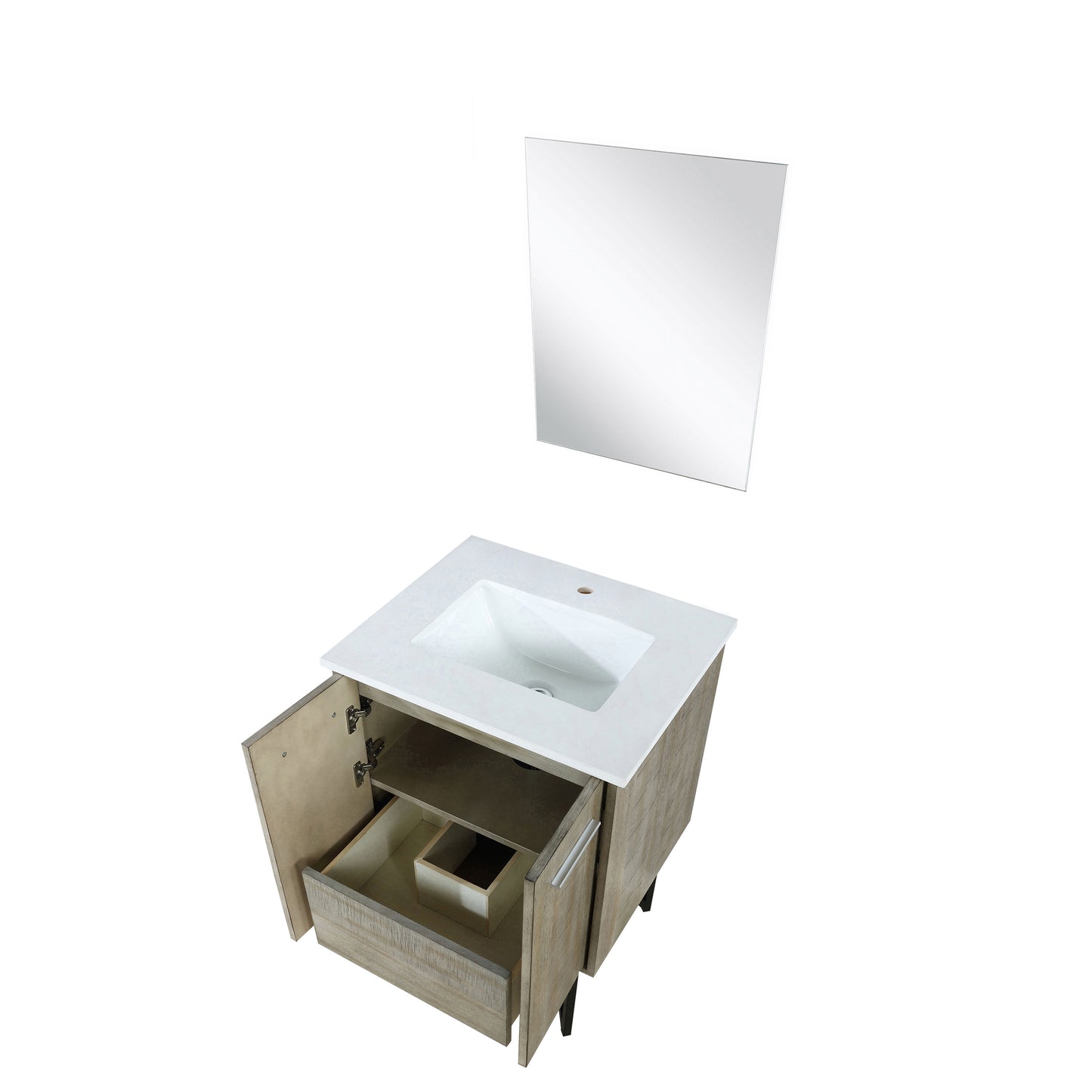Lancy 24" Rustic Acacia Bathroom Vanity, White Quartz Top, White Square Sink, and 18" Frameless Mirror