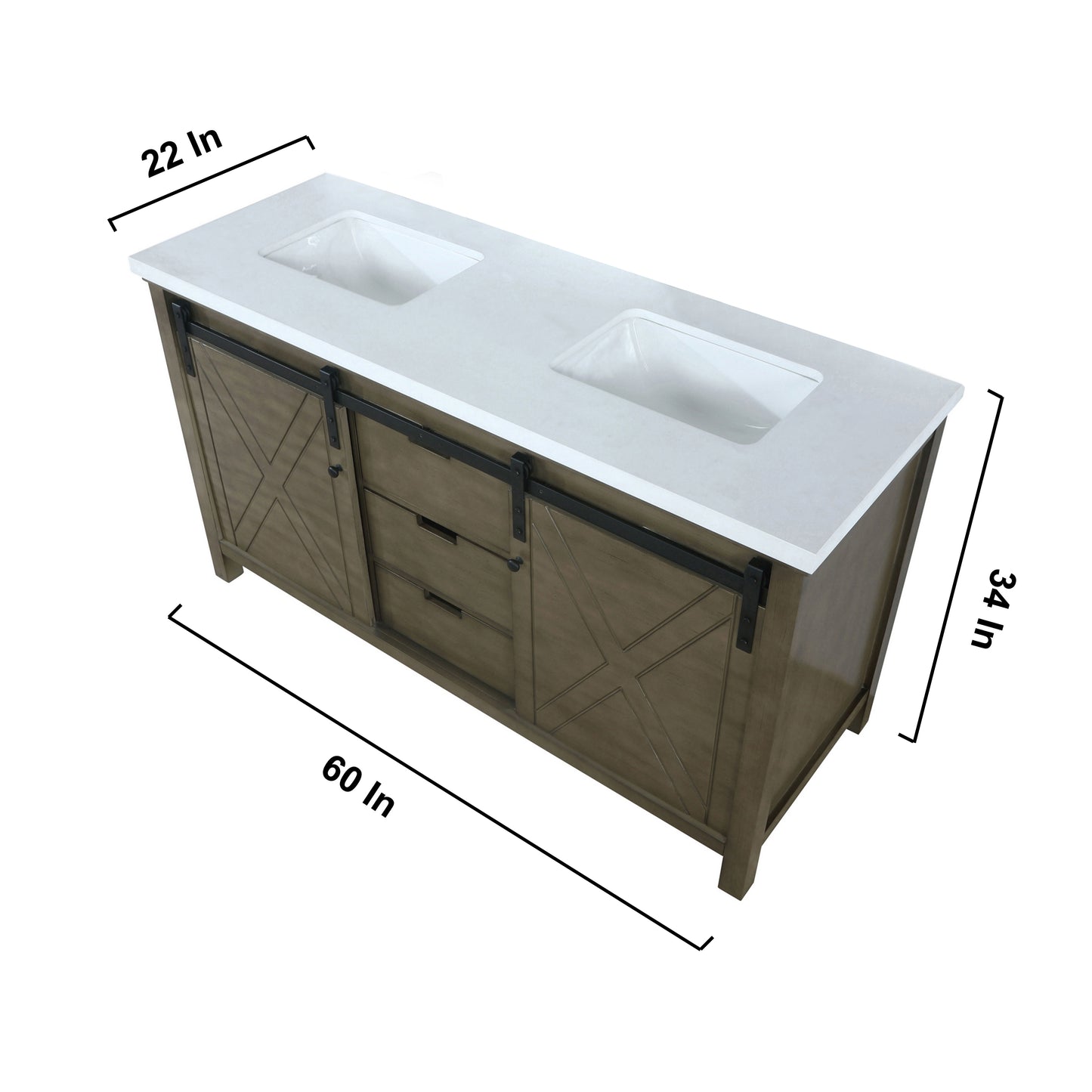 Marsyas 60" Rustic Brown Double Vanity, White Quartz Top, White Square Sinks and no Mirror