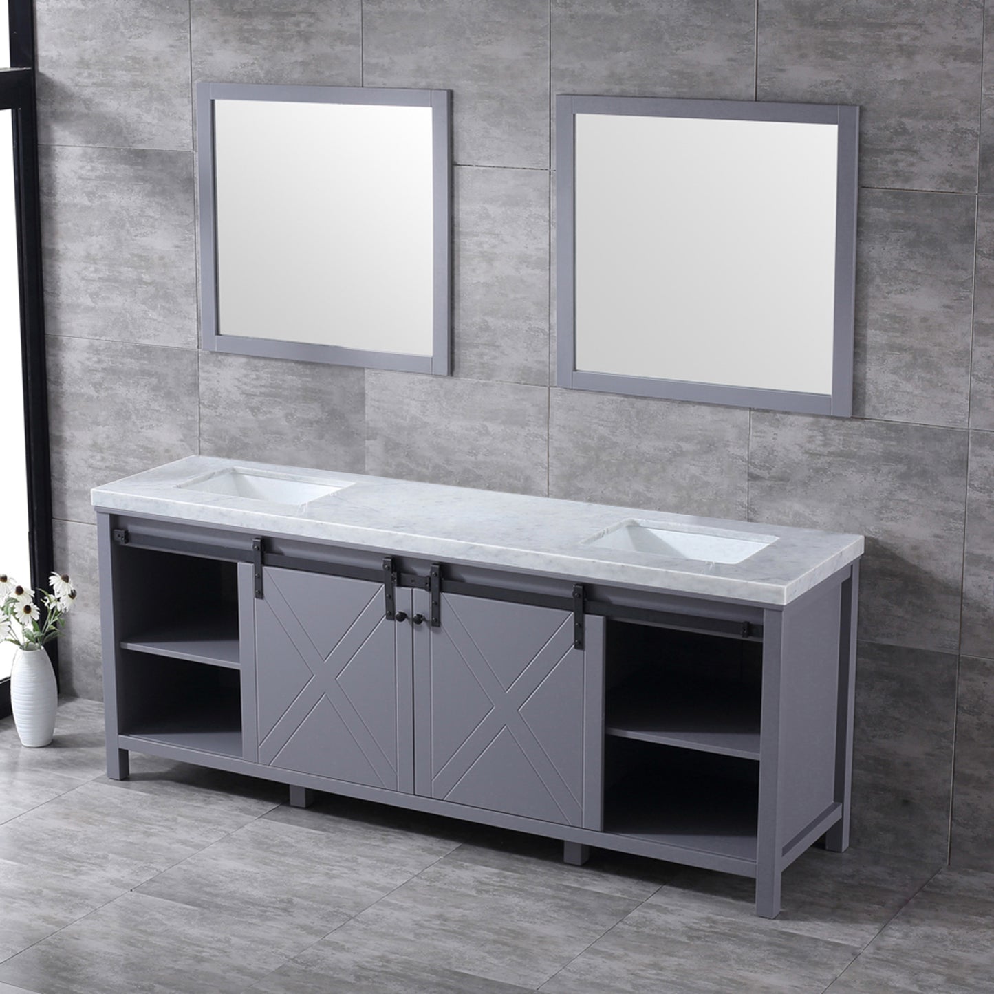 Marsyas 84" Dark Grey Double Vanity, White Carrara Marble Top, White Square Sinks and 34" Mirrors