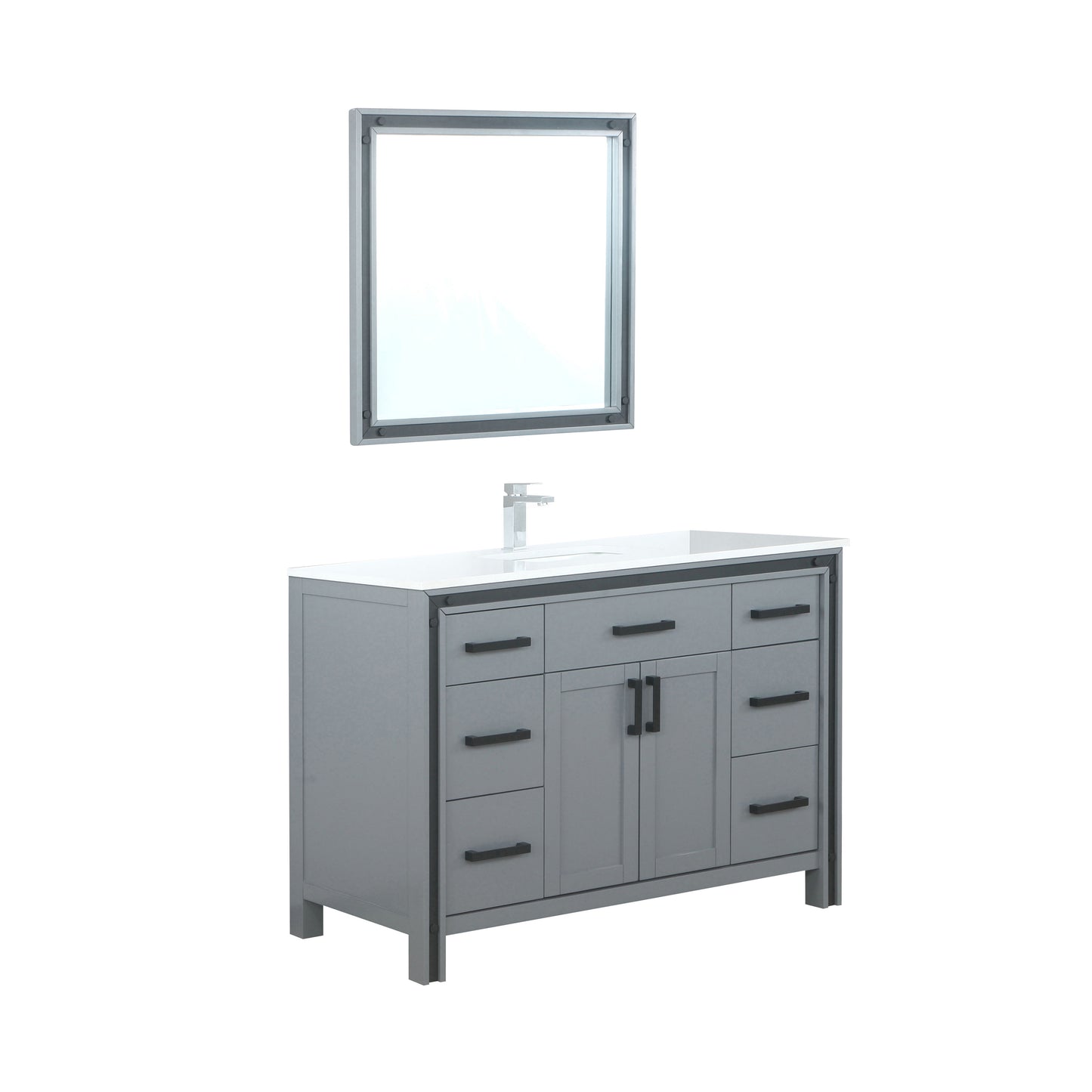 Ziva 48" Dark Grey Single Vanity, Cultured Marble Top, White Square Sink and 34" Mirror w/ Faucet