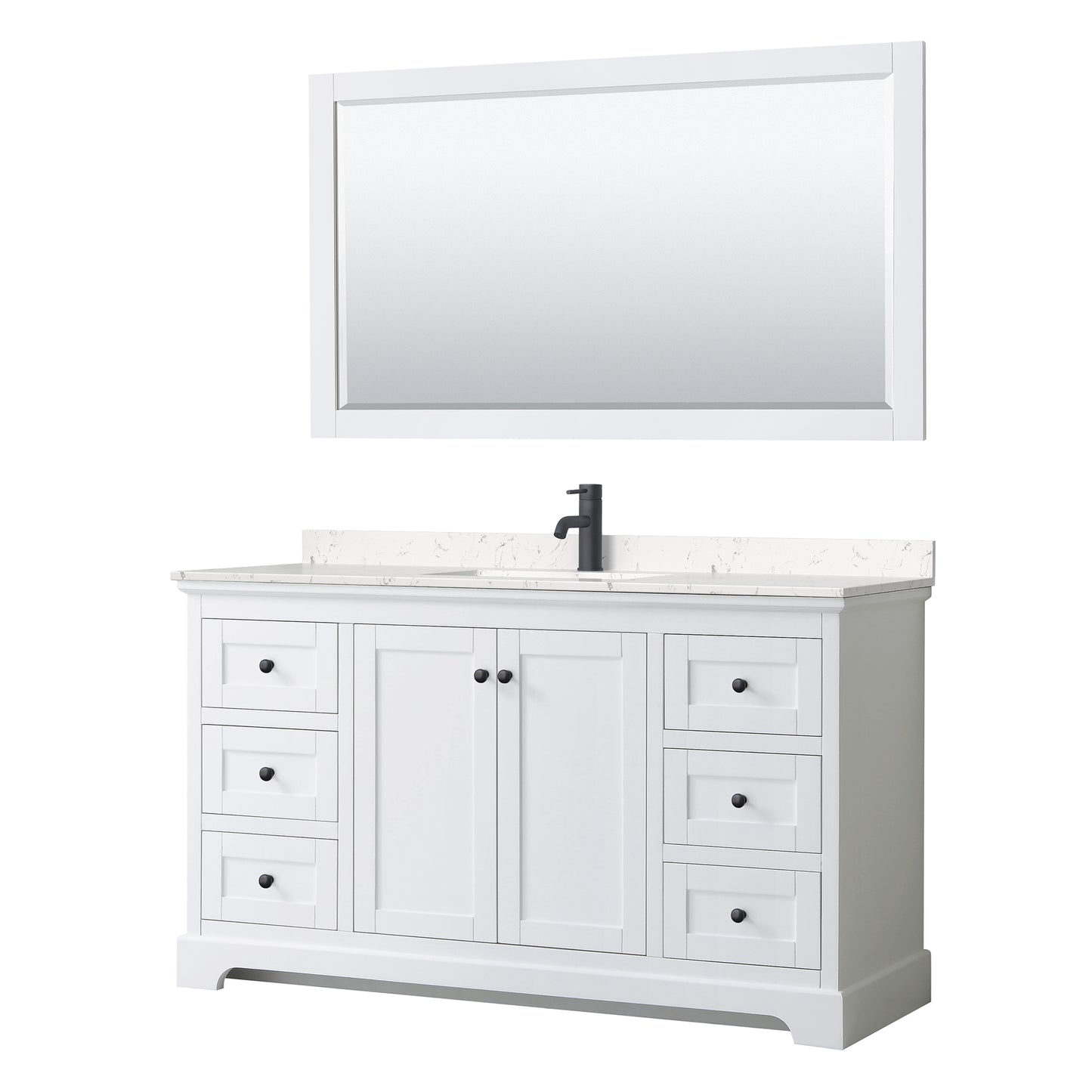 Avery 60 Inch Single Bathroom Vanity in White, Carrara Cultured Marble Countertop, Undermount Square Sink, Matte Black Trim, 58 Inch Mirror