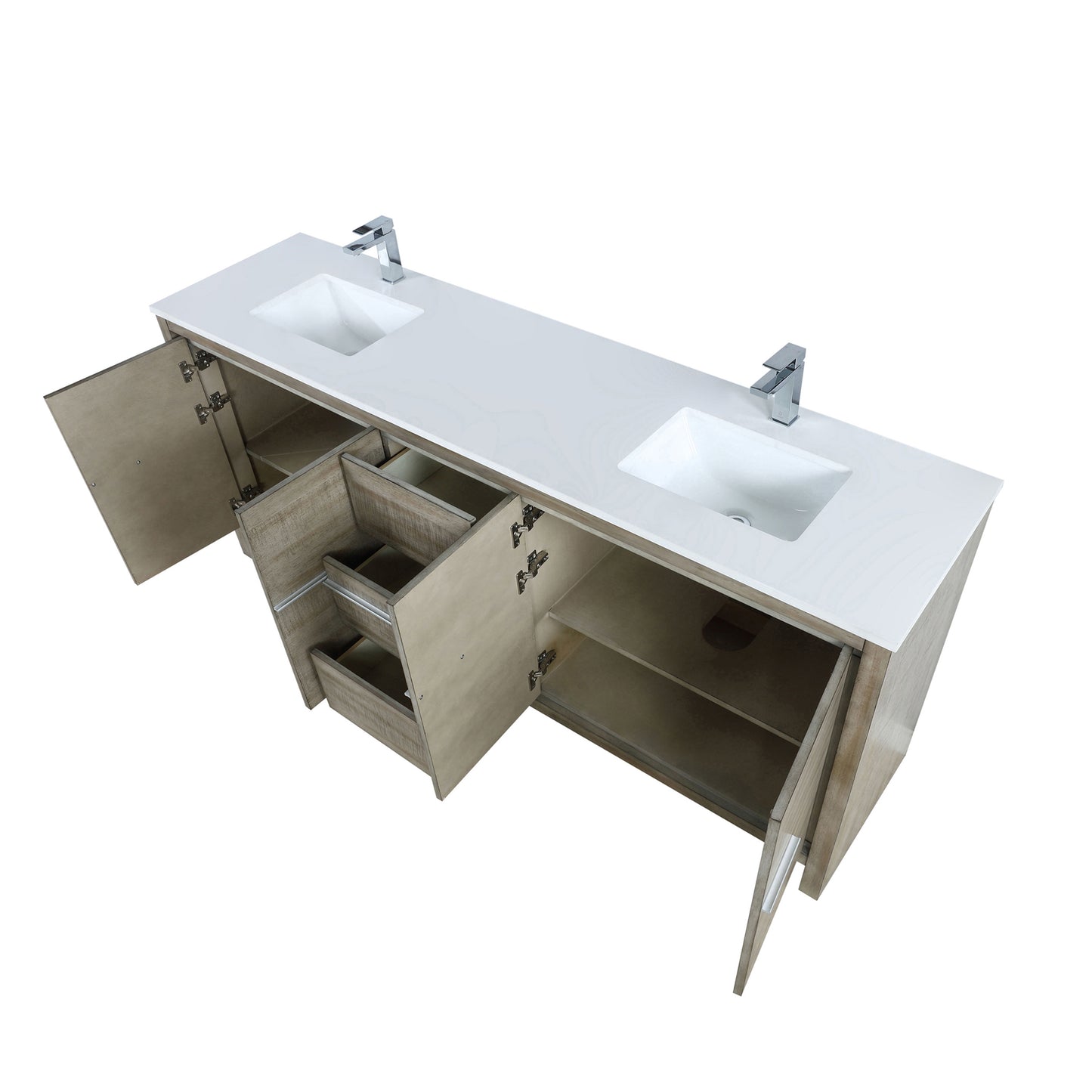 Lafarre 80" Rustic Acacia Double Bathroom Vanity, White Quartz Top, White Square Sinks, and Balzani Gun Metal Faucet Set